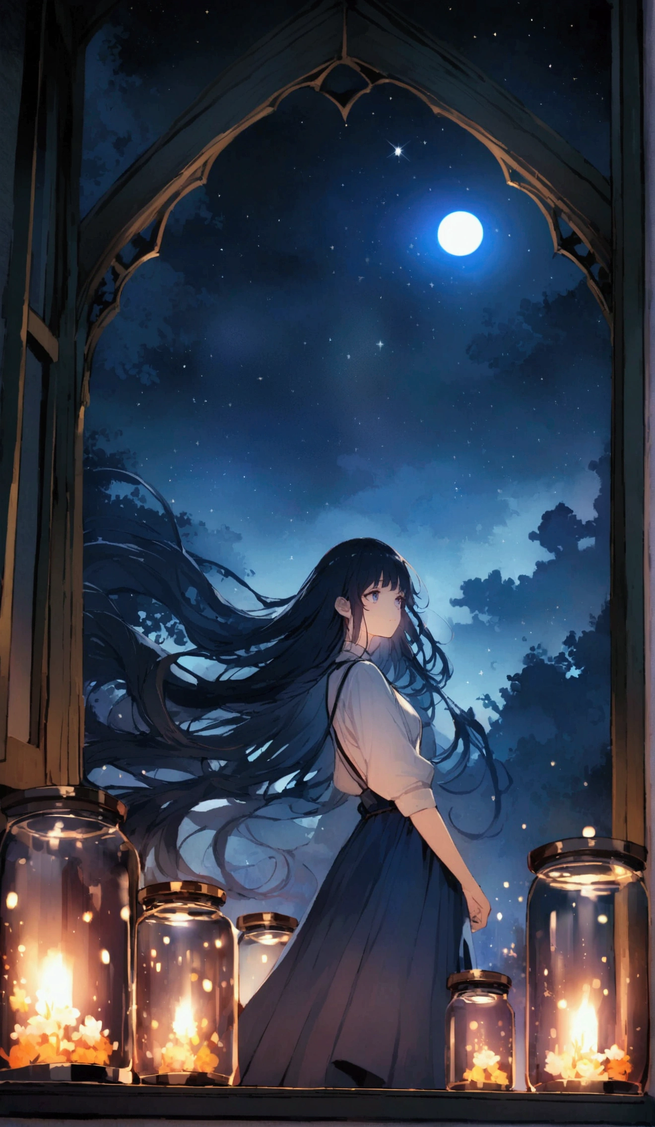 Create a japanese anime of a surreal and dreamy scene where a girl with long flowing hair stands in a room, gazing out of a massive, glass-like window into a star-filled night sky. The sky is illuminated by a large, glowing moon and is dotted with countless stars, creating a sense of vastness and wonder. The room is filled with floating lanterns, each encased in glass jars, emitting a soft, golden light that contrasts beautifully with the deep blue and indigo hues of the night sky. The overall atmosphere is magical and otherworldly, evoking feelings of awe and contemplation