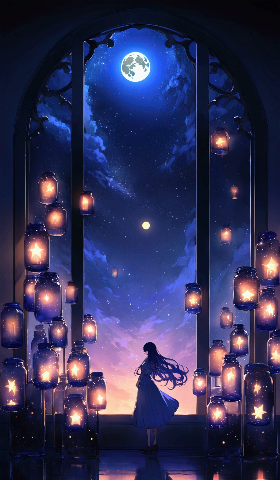Create a japanese anime of a surreal and dreamy scene where a girl with long flowing hair stands in a room, gazing out of a massive, glass-like window into a star-filled night sky. The sky is illuminated by a large, glowing moon and is dotted with countless stars, creating a sense of vastness and wonder. The room is filled with floating lanterns, each encased in glass jars, emitting a soft, golden light that contrasts beautifully with the deep blue and indigo hues of the night sky. The overall atmosphere is magical and otherworldly, evoking feelings of awe and contemplation