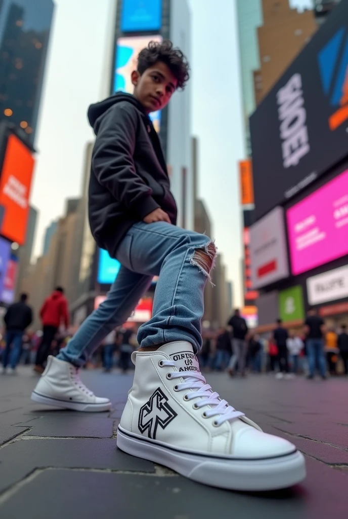 Branded causal white
sneakers with logo up side Mount Era with indian boy in front of time square shoe highlight pose