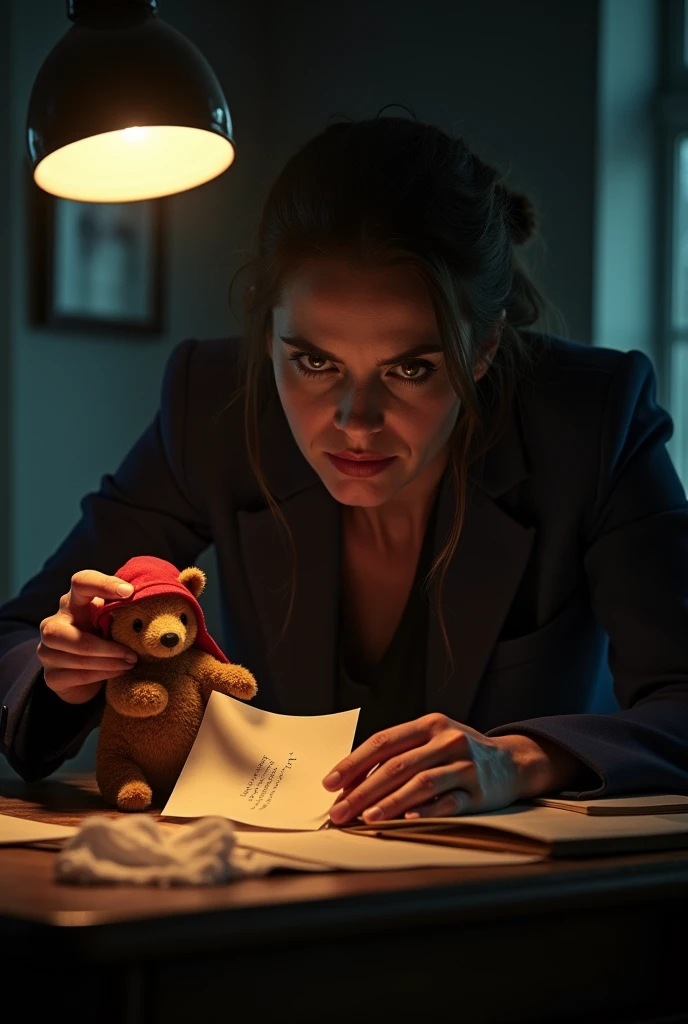 The woman is in her office, the face illuminated by the light of a lamp that projects sinister shadows. He looks with satisfaction at the display case where Paddington is on display.. The camera focuses on a crumpled letter from Paddington, which she throws into the fire with disdain