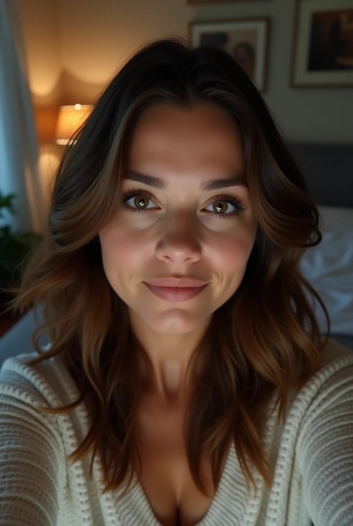 Generate a random full face selfie of a 36 year lady with brown hair in her room during the night
