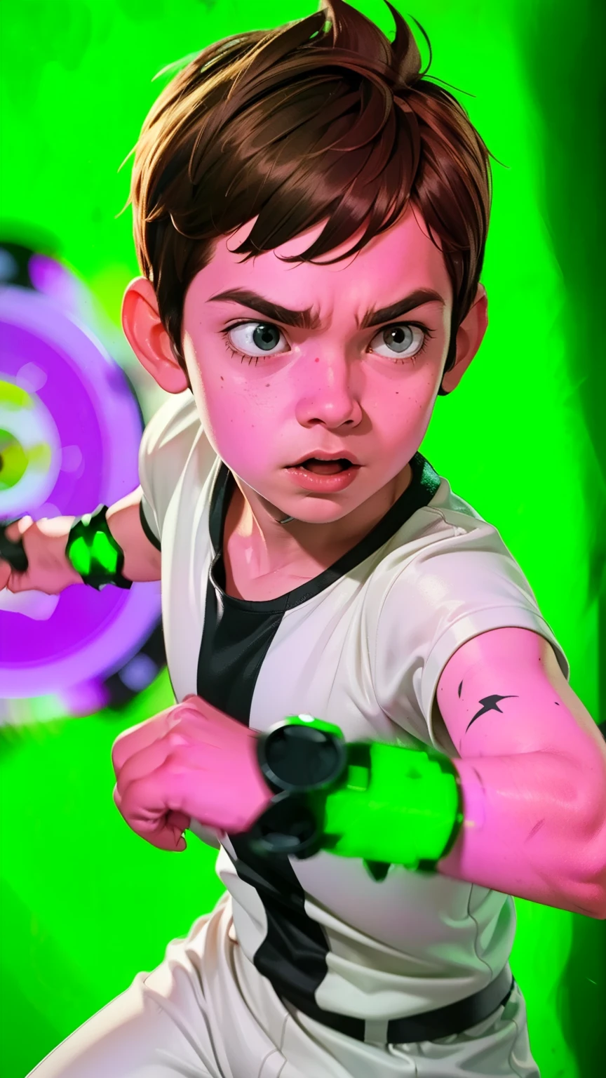 Movie poster, Ben 10 ((A child, 6 years))), ((wearing a white outfit with black stripe in the center, showing fist. Machine on arm. Action facial expression )) . highy detailed, face detailed, realisitic, cinematic lighting, studio quality, proffesional, face detailed, intrikate, bright coloured. ((abstract background)).