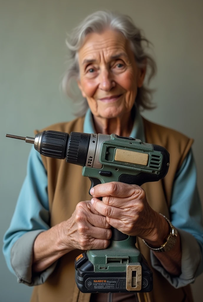 Battery powered drill with signs of use, old woman, imagem sem fundo