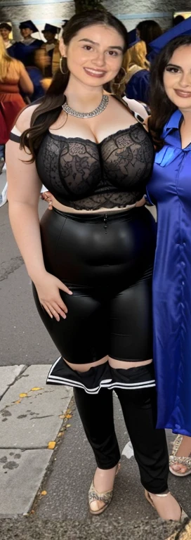there are two women in graduation gowns posing for a picture, standing triumphant and proud, proud look, physical : tinyest midriff ever, zoomed out full body, proud smile, proud, graduation photo, very accurate photo, proud looking, round-cropped, not cropped, her belly button is exposed, full body picture, cardboard cutout, leaked photo, Big tits, huge , no clothes, sexy, cute, wide hips, thick thighs, pear-shaped body, minimal clothes, thick, bbw, chubby stomach, thick nipples, nipple piercings, large areola, hard nipples, piercing through shirt, nipples hard through shirt, busty, major cleavage, naked, ripping through top, spilling over sides, bra too tight, giant , dominatrix, dominatrix clothes, revealing clothes, ass so fat you can see it from the front, giant , huge ass, wide girl, naked