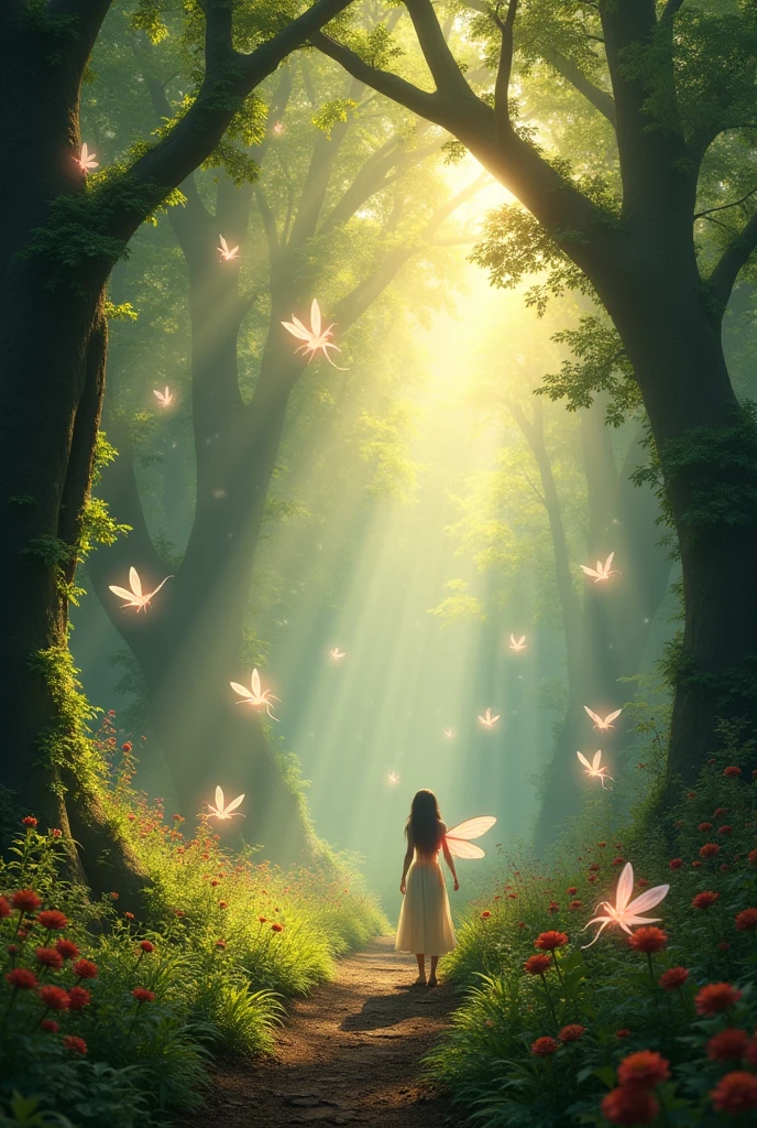 Des fees dans une majestueuse foret magic au lève du jour