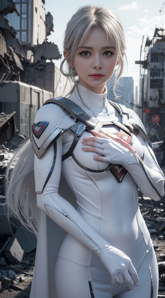(White Superhero Theme Supergirl),( Apocalyptic city destroyed:1.4),(Superchica:1.4), (gray white hair ),More detailed 8K.unreal engine:1.4,UHD,La Best Quality:1.4, photorealistic:1.4, skin texture:1.4, masterpiece:1.8,first work, Best Quality,object object], (detailed face features:1.3), (Detailed hands:1.4),