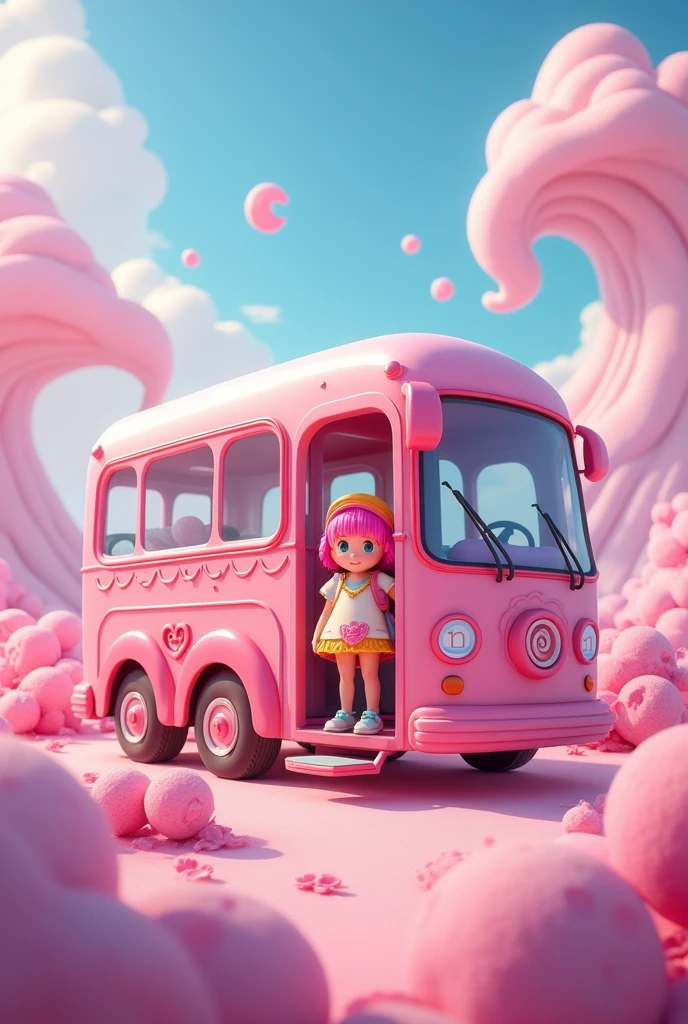 Pink bus with a pink girl