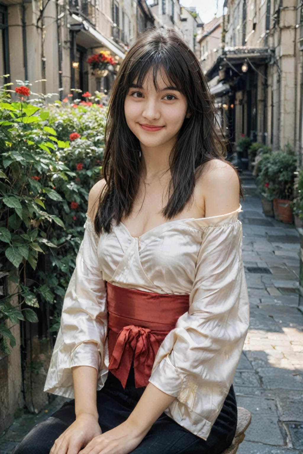 A high-resolution, wide angle shot, 4K portrait of a beautiful 20-year-old woman with a happy smile, detailed skin, and clear eyes. 
She has long, messy black hair with bangs and dark brown eyes with slight dark circles, looking at viewer. 
The image features natural, soft lighting with a low contrast and film grain effect. 
She has perfect shaped medium breast. 
She is dressed in Red Satin Off-the-Shoulder Wrap Top
Description: A red satin off-the-shoulder wrap top with a deep V-neckline and tie waist. This top is ideal for a date night or a dinner party, offering a luxurious feel with its satin fabric and flattering wrap style.
Accessories: Style with black skinny jeans, gold statement earrings, black stilettos, and a red clutch.
Sitting in An outdoor cafe with small tables and chairs set on a cobblestone patio, surrounded by potted plants and string lights overhead. The cafe has a cozy, relaxed atmosphere with umbrellas providing shade and a view of a busy street or a garden. 
The composition emphasizes ultra-detail, sharp focus, and vivid colors, with HDR and UHD quality, capturing a whimsical and dreamy aesthetic with a bokeh background. Looking at viewer