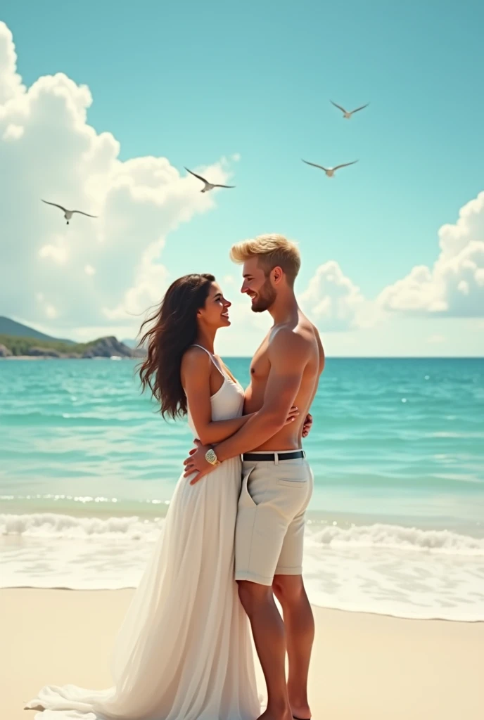 Couple between a young 1 mixed-race brunette and a 40-year-old blond man with a good physique on a honeymoon on the beach