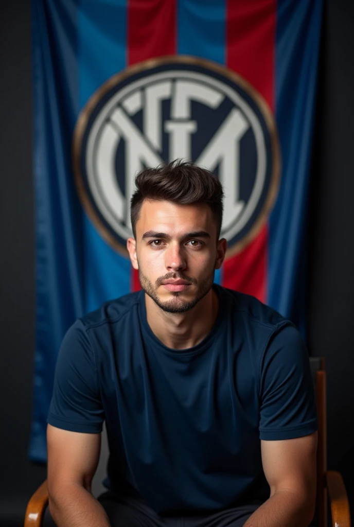 The young man wearing a dark blue t shirt sitting on a chair looking straight to the camera with cinematic YouTube studio with real inter Milan
football flag,