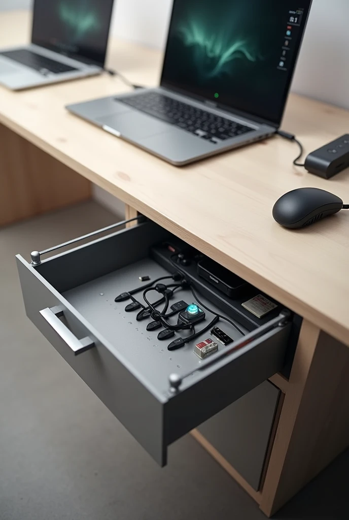 (Photorealism:1.2) CREATE A Power Box that is built into the Office Desk where it houses up to 5 electrical outlets and 6 modules of your choice, including HDMI video connections, USB and USB-C for data transfer or charging, red lo, telephony or audio, and that it has a lid that closes it and has induction charging