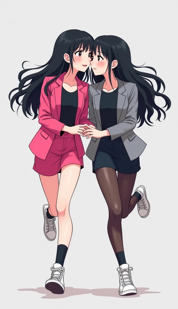 Two young womens long black hair, yuri, same height.
The first young women wear a hot pink suit jacket, The second young women wore a grey suit jacket, they are wearing the black shirt, black pencil skirt, black underpants, long black tights, medium black socks, white sneakers high top, running, holding a hands, cute eyes, smiled, light grey background, cartoon novel, 4K, HD