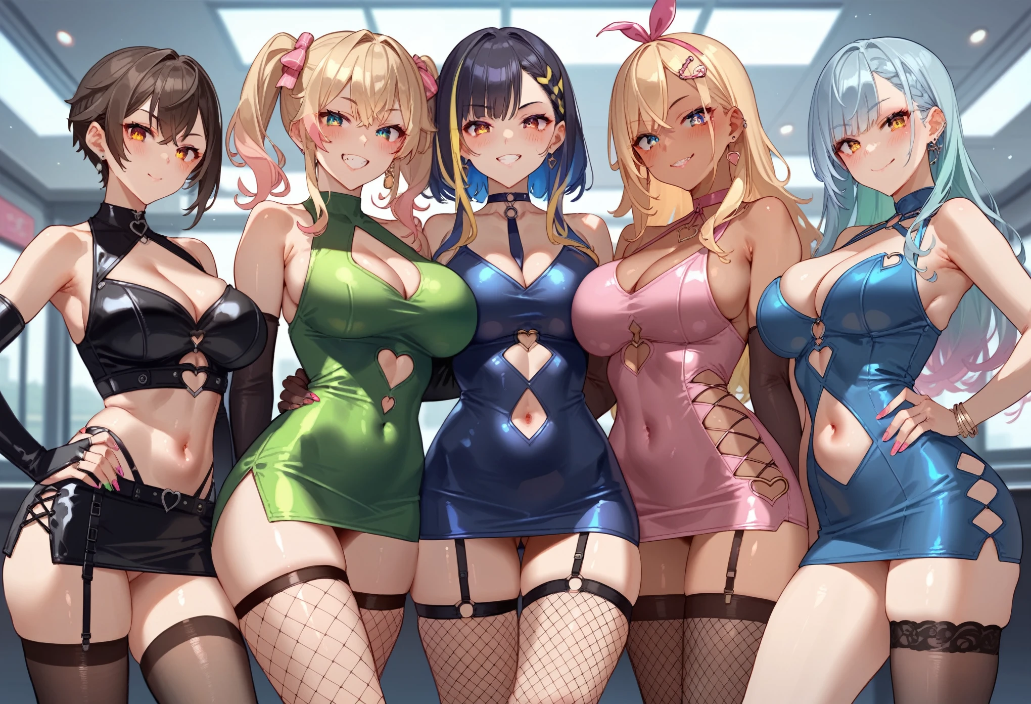 Score_9, score_8_up, score_7_up, score_6_up, RAR, rating:safe, (4girls), looking at viewer, detailed eyes, blush, multiple girls, vtuber, virtual youtuber, multicolored hair, standinglineup, line up, side by side, take your pick, gyaru, bodycon, shiny dress, clothing cutout, elbow gloves, microskirt, o-ring, pink dress, blue dress, green dress, purple dress, bow, navel, midriff, fishnet thighhighs