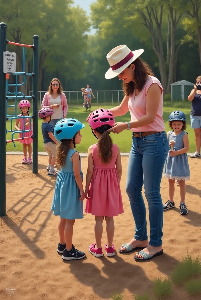 A modern realistic oil painting of a woman putting on her two--old n daughters' bike helmets before letting them play on the playground equipment, with the girls excited to go to the playground, looking like they have walked to the playground, the woman wearing a hat, and explaining to her twin daughters why they have to wear their bike helmets on the playground equipment, with other actively children playing on the playground equipment wearing their bike helmets, and a sign next to the playground saying bike helmets must be worn on the playground and it saying underneath no helmet no play and the bike helmets must look like real bike helmets. Include other parents watching their kids play and make the playground surface look like wood chips. Ensure all children on the playground are wearing their bike helmets. Have the playground close by the twins. Include one mother holding a camera taking a picture of her daughter who is thre monkey bars wearing a blue bike helmet with flowers. Have the playground in the foreground.