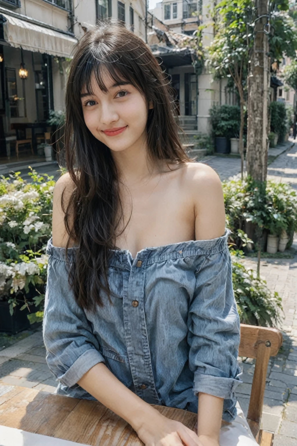 A high-resolution, wide angle shot, 4K portrait of a beautiful 20-year-old woman with a happy smile, detailed skin, and clear eyes. 
She has long, messy black hair with bangs and dark brown eyes with slight dark circles, looking at viewer. 
The image features natural, soft lighting with a low contrast and film grain effect. 
She has perfect shaped medium breast. 
She is dressed in Denim Off-the-Shoulder Button-Down Top
Description: A denim off-the-shoulder button-down top with a fitted silhouette and button closure. This top is a chic choice for a casual outing, combining a classic denim look with a modern, sexy off-the-shoulder cut.
Accessories: Pair with white shorts, white sneakers, silver bangles, and a tan backpack.
Sitting in An outdoor cafe with small tables and chairs set on a cobblestone patio, surrounded by potted plants and string lights overhead. The cafe has a cozy, relaxed atmosphere with umbrellas providing shade and a view of a busy street or a garden. 
The composition emphasizes ultra-detail, sharp focus, and vivid colors, with HDR and UHD quality, capturing a whimsical and dreamy aesthetic with a bokeh background. Looking at viewer