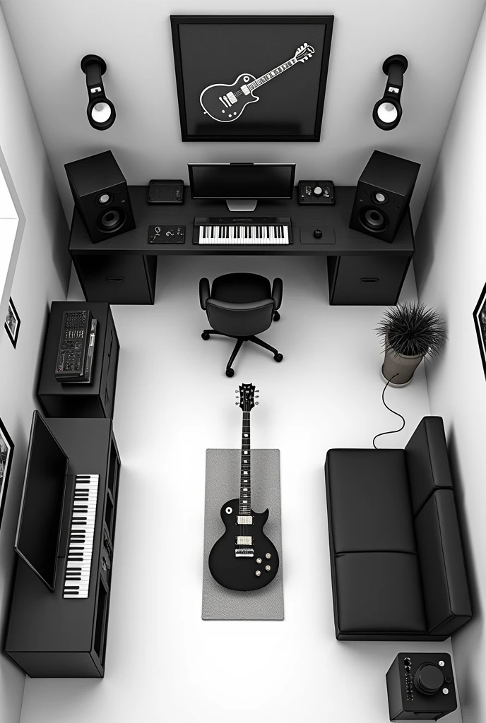 A room on a floor plan seen from above and the room is black and white and has things that a person who likes the electric guitar likes