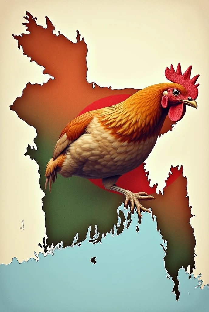 Certainly! He
"An edited political map of Bangladesh where a right facing chicken’s body is integrated into the map. The chicken’s leg should be placed directly over the Chittagong region, with the leg and map subtly blended together using a slight blur effect. The blur should be just enough to make both the Chittagong region and the chicken leg visible and distinct while ensuring they blend naturally. The map and chicken should retain realistic details, with the map remaining clearly visible. In a way where the map of Bangladesh looks like a chicken flapping wings with sylhet looking like wing and Chittagong looking like a leg.
Chicken has left facing body on map with leg on Chittagong