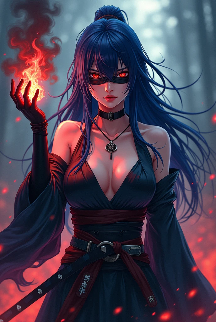 Sensual samurai woman with long blue hair, red eyes with the body facing forward, with a blindfold and a black flame in his hand, epic background, anime, high contrast, Very detailed. intense look, sensual. 