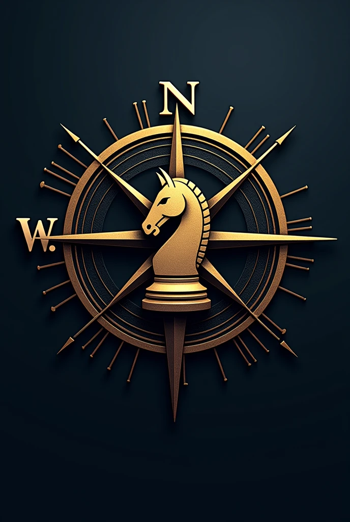 Créez un logo professionnel et prestigieux pour une entreprise. Au centre, placez un cavalier d'échec, symbolisant la stratégie et l'intelligence, intégré dans une boussole représentant la direction et l'orientation. Le design doit refléter la technologie de l' IA à travers des lignes futuristes et des motifs subtils inspirés des circuits électroniques. Utilisez une palette de couleurs raffinées, mêlant des tons dorés pour l'élégance et la sophistication, et des nuances métalliques pour un aspect moderne et technologique. prestige, le sérieux et l'innovation