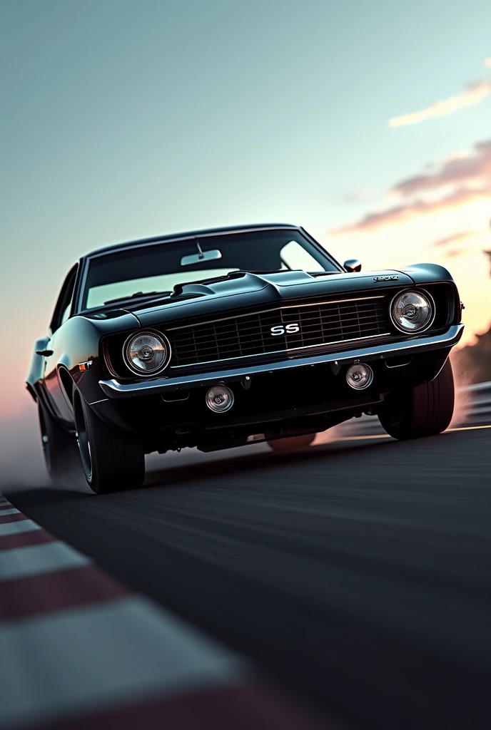 Classic Chevrolet Camaro car black colour at full speed