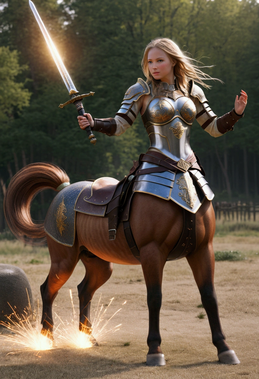 a Centaur, Centaur-type warrior, Armor, Bouncing Pose, sword shines, battlefield, sparks, (best quality, masterpiece, photorealistic), very aesthetic, perfect composition, intricate details, ultra-detailed, vivid colors