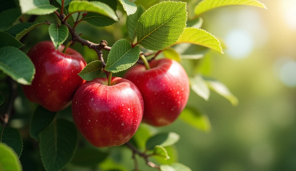 Three bright apples on the tree,