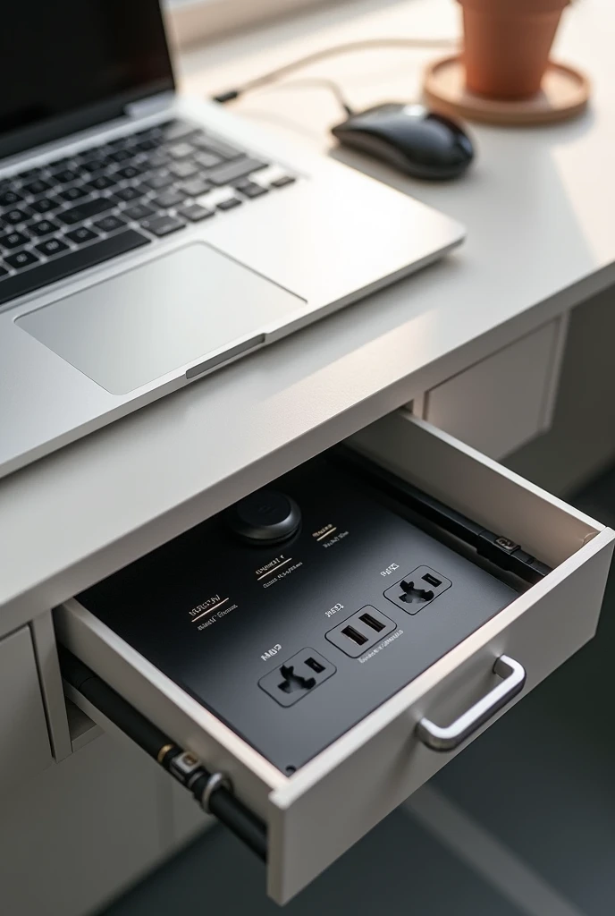 (Photorealism:1.2) CREATE A Power Box that is built into the Office Desk where it houses up to 5 electrical outlets and 6 modules of your choice, including HDMI video connections, USB and USB-C for data transfer or charging, red lo, telephony or audio, and that it has a lid that closes it and has induction charging