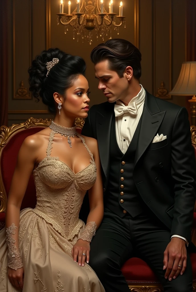 Rihanna as Duchess of "Bridgerton" sitting next to Luke Thompson (the British actor who plays Benedict in the Netflix series)