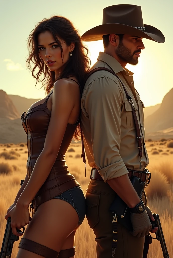 Sexy cowgirl with a double-barreled shotgun stands back to back with a sheriff with two large revolvers