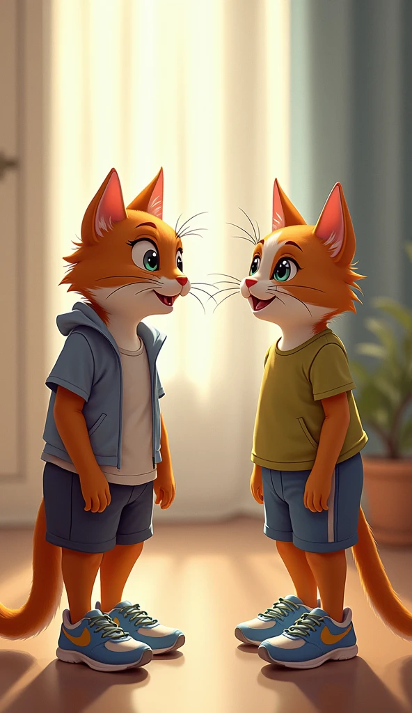 The friend's cat to the main character's cat、With shining eyes, she shares the secret to successful dieting。My friend's cat is slim、(Wearing sportswear)、Jogging shoes are in hand。