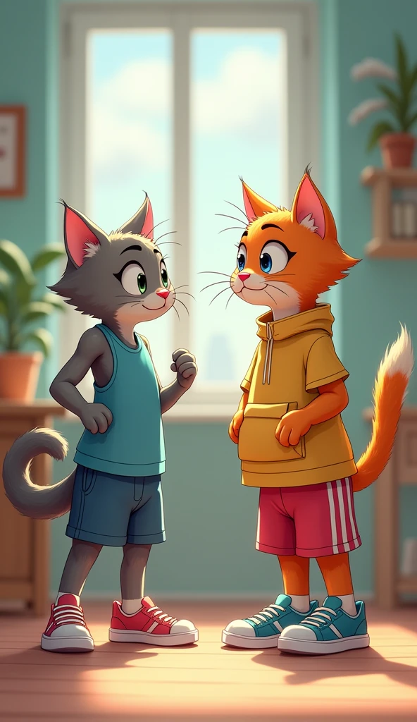 The friend&#39;s cat to the main character&#39;s cat、With shining eyes, she shares the secret to successful dieting。My friend&#39;s cat is slim、(Wearing sportswear)、Jogging shoes are in hand。