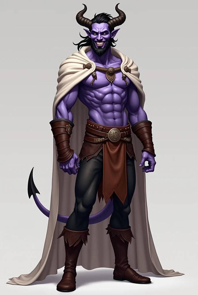 (photorealism:1.2), light purple tiefling, black hair and trimmed beard, wearing brown leather with a white cape, slim, with dark pants and boots, laughing, small horns