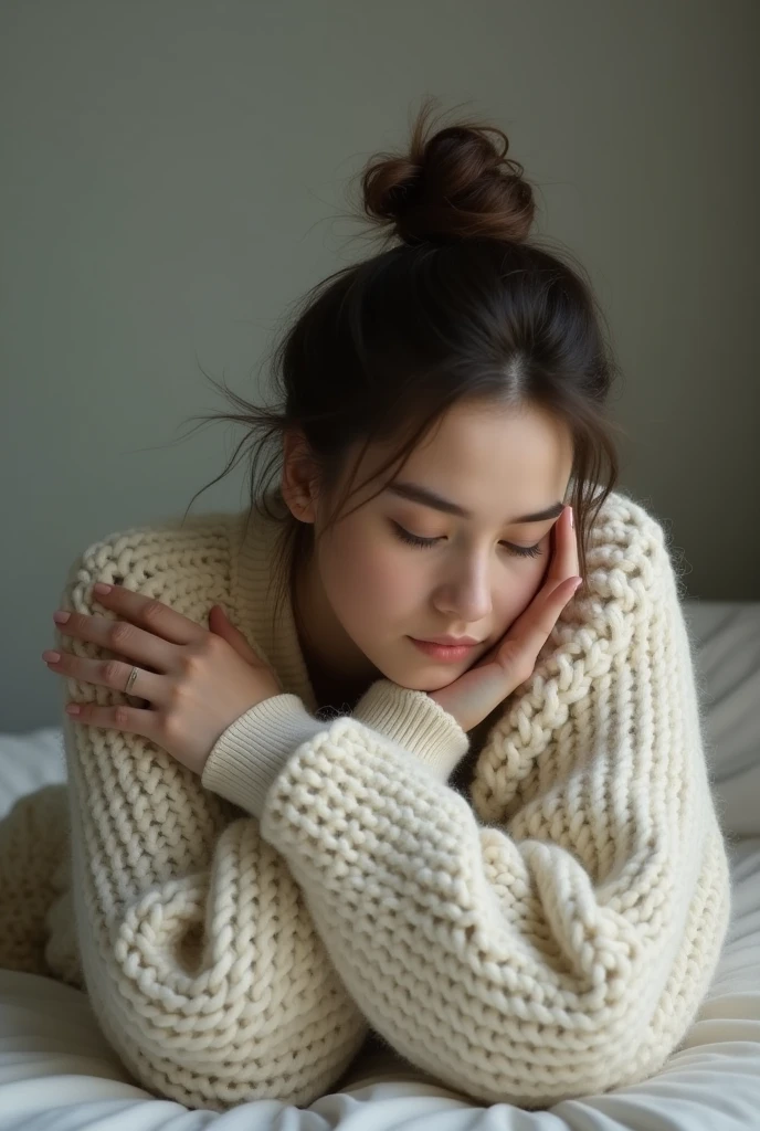 The image depicts the ease of a young woman, introspective posture, wearing rather large, chunky knit sweater,Looks comfortable and warm. her eyes closed, and her head is gently resting on her crossed arms, Suggested moments of quiet contemplation, rest, or maybe loneliness. The image's color palette is muted, Mainly soft, Neutral colors-Contrast between beige and light colors of sweater, Inconspicuous background-giving a sense of calm or tranquility. Her hair was casually tied into a messy bun, Which, Plus the overall soft tones of the image and her gentle pose, conducive to intimacy, cozy atmosphere. Unable to fully see the object's expression, But slight wrinkles on her forehead may hint at concentration or emotional stress.. The minimalist composition of the image draws the viewer’s attention entirely to the young woman, Condensing private moments of tranquility in a seemingly fast-paced world.