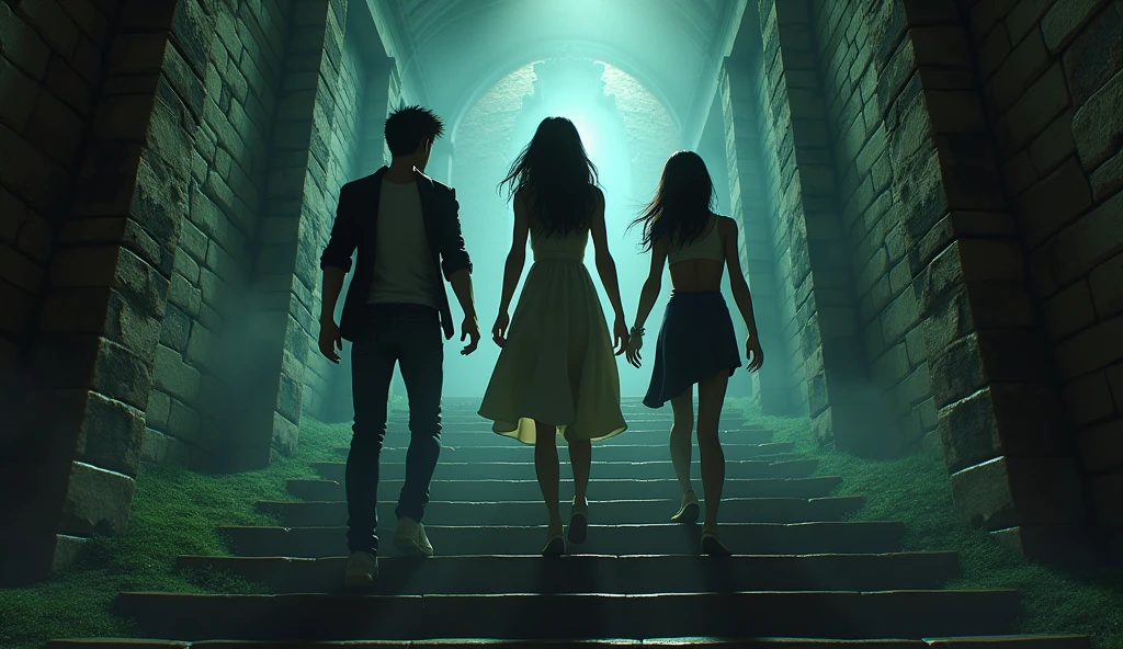 A riddle was written in the letter, which aroused great curiosity in all three. The direction of the riddle led them to the basement under the mansion. Ravi said, "We need to go to the basement." Genrate a High quality realistic 3D animation style