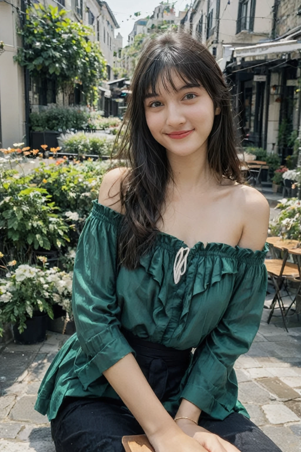 A high-resolution, wide angle shot, 4K portrait of a beautiful 20-year-old woman with a happy smile, detailed skin, and clear eyes. 
She has long, messy black hair with bangs and dark brown eyes with slight dark circles, looking at viewer. 
The image features natural, soft lighting with a low contrast and film grain effect. 
She has perfect shaped medium breast. 
She is dressed in Emerald Green Off-the-Shoulder Ruffle Top
Description: An emerald green off-the-shoulder top with layered ruffles cascading down the neckline and sleeves. This top is perfect for a cocktail party or a summer event, offering a vibrant and playful look.
Accessories: Combine with black high-waisted trousers, gold hoop earrings, nude strappy heels, and a gold clutch.
Sitting in An outdoor cafe with small tables and chairs set on a cobblestone patio, surrounded by potted plants and string lights overhead. The cafe has a cozy, relaxed atmosphere with umbrellas providing shade and a view of a busy street or a garden. 
The composition emphasizes ultra-detail, sharp focus, and vivid colors, with HDR and UHD quality, capturing a whimsical and dreamy aesthetic with a bokeh background. Looking at viewer