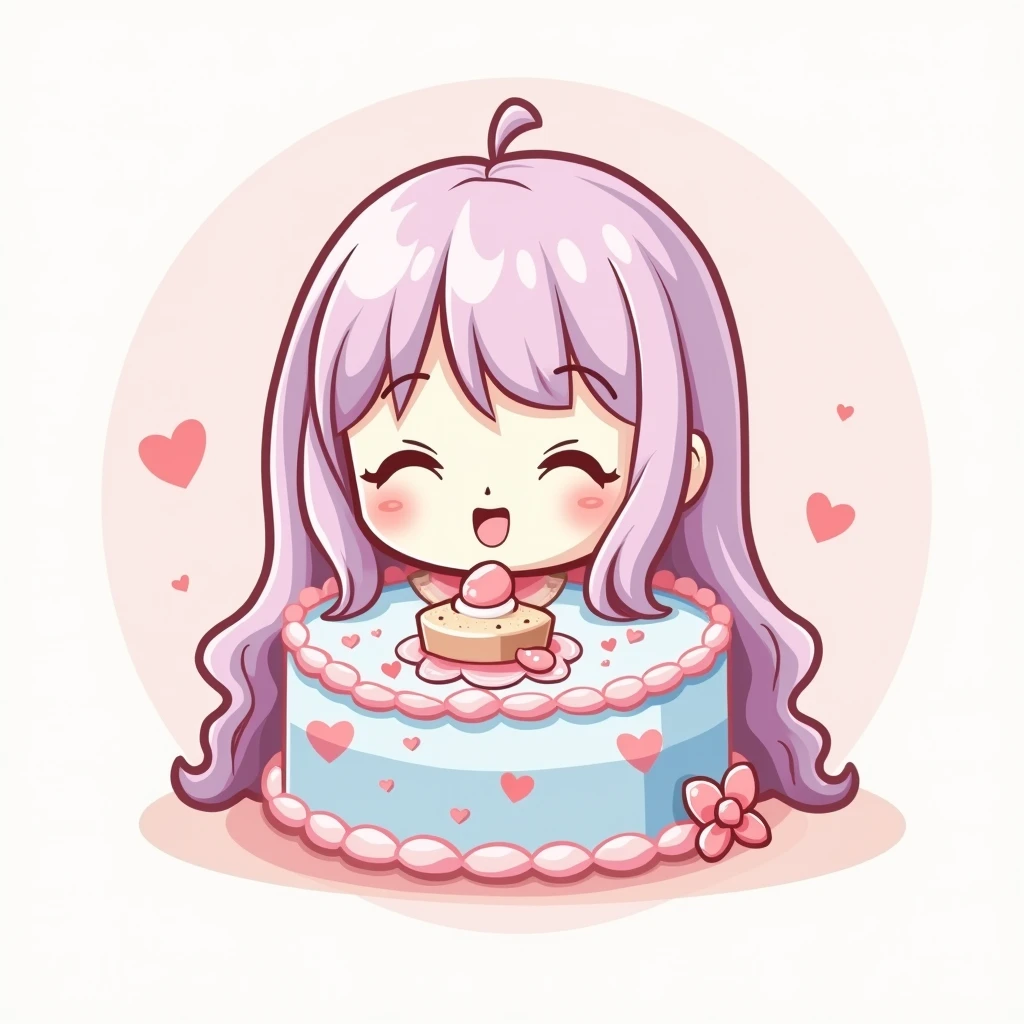 A kokeshi cake ,oriental style drawing ,for shop logo with big shiny eyes, an adorable smile, and slightly rosy cheeks. Long pink and lilac hair, with straight bangs that fall just above the eyebrows. The expression of the kokeshi is joyful, transmitting a feeling of warmth and tenderness. The colors of the design are soft and pastel, with details in pink and blue tones for an even more adorable look. The background is simple and clear to highlight the central character..