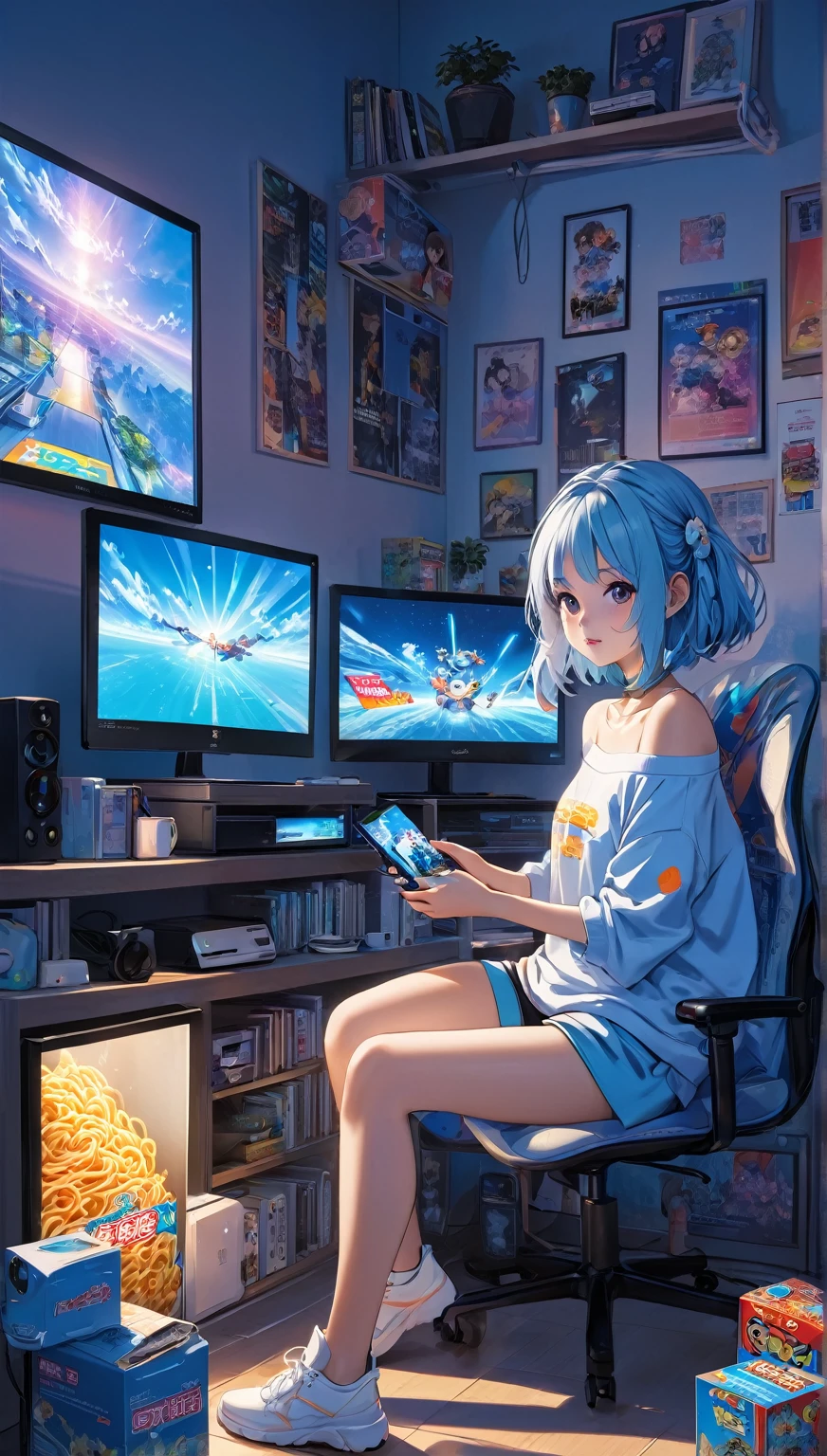 a girl，in her room，The room was dim，Just a few screens displaying various video games emit a soft blue light，She is holding instant noodles，sitting on computer chair，The room should present a comfortable but slightly cluttered atmosphere，full of game consoles、Controller and game poster on wall，She wore her signature oversized 4XL baggy off-the-shoulder T-shirt，There is a carrot pattern on it，The screen&#39;s blue light casts soft shadows，Highlighting her slightly melancholy but focused expression。The entire scene should maintain a peaceful and introspective atmosphere，Emphasize the contrast between blue light and dim room。Close-up, 