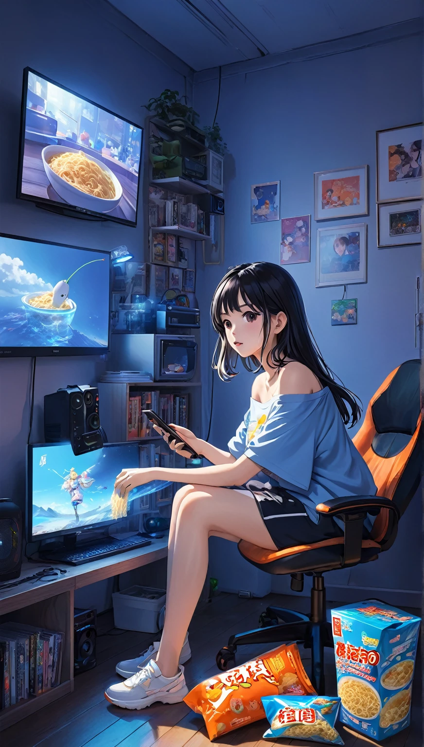 a girl，in her room，The room was dim，Just a few screens displaying various video games emit a soft blue light，She is holding instant noodles，sitting on computer chair，The room should present a comfortable but slightly cluttered atmosphere，full of game consoles、Controller and game poster on wall，She wore her signature oversized 4XL baggy off-the-shoulder T-shirt，There is a carrot pattern on it，The screen&#39;s blue light casts soft shadows，Highlighting her slightly melancholy but focused expression。The entire scene should maintain a peaceful and introspective atmosphere，Emphasize the contrast between blue light and dim room。Close-up, 