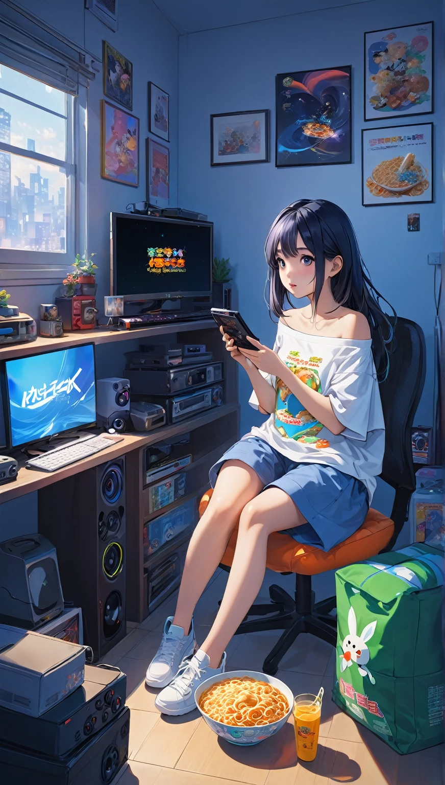 a girl，in her room，The room was dim，Just a few screens displaying various video games emit a soft blue light，She is holding instant noodles，sitting on computer chair，The room should present a comfortable but slightly cluttered atmosphere，full of game consoles、Controller and game poster on wall，She wore her signature oversized 4XL baggy off-the-shoulder T-shirt，There is a carrot pattern on it，The screen&#39;s blue light casts soft shadows，Highlighting her slightly melancholy but focused expression。The entire scene should maintain a peaceful and introspective atmosphere，Emphasize the contrast between blue light and dim room。Close-up, 