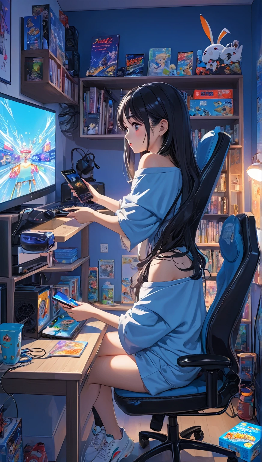 a girl，in her room，The room was dim，Just a few screens displaying various video games emit a soft blue light，She is holding instant noodles，sitting on computer chair，The room should present a comfortable but slightly cluttered atmosphere，full of game consoles、Controller and game poster on wall，She wore her signature oversized 4XL baggy off-the-shoulder T-shirt，There is a carrot pattern on it，The screen&#39;s blue light casts soft shadows，Highlighting her slightly melancholy but focused expression。The entire scene should maintain a peaceful and introspective atmosphere，Emphasize the contrast between blue light and dim room。Close-up, 