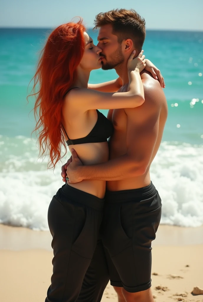 Red-headed, black sweatpants, Braless, Barefoot woman kissing man on the beach.