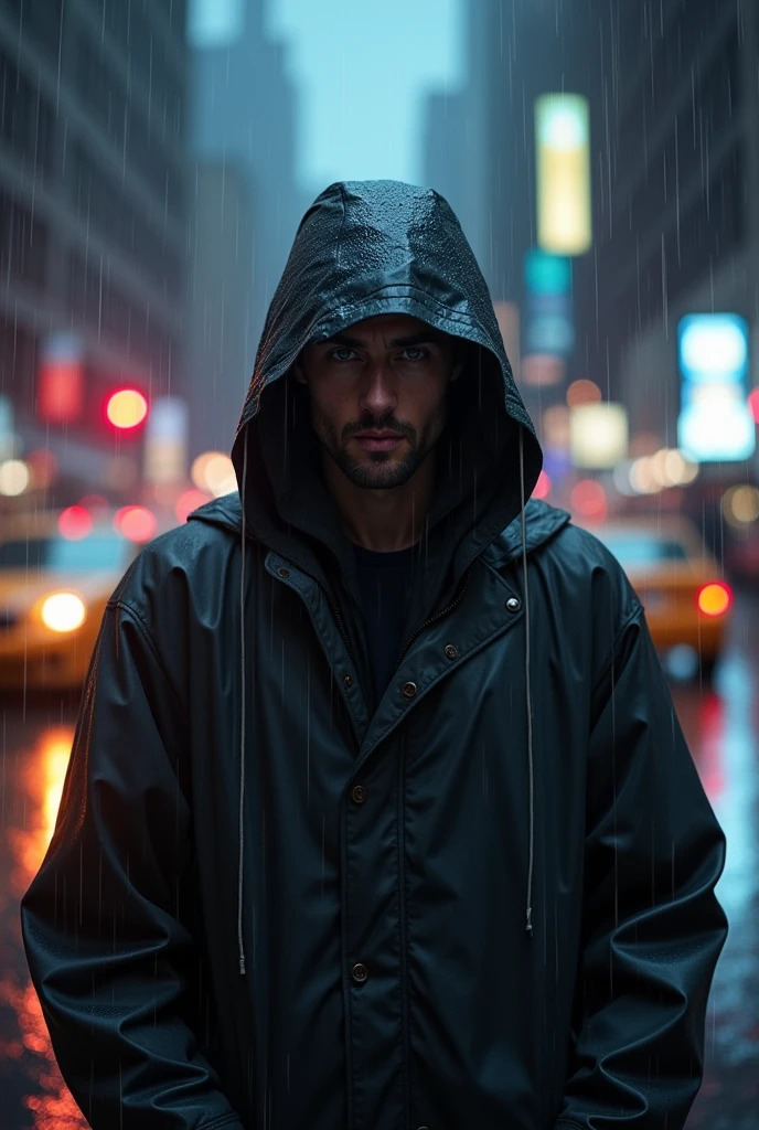 A man with a hood alone in the rain, real photo, pouring rain, loneliness, best quality, ultra-detailed, realistic, portrait, dark tone, misty atmosphere, wet streets, hooded raincoat, melancholy expression, invisible umbrella, lights sparkling, Urban environment, high resolution, vivid colors, Bokeh, night scene, NYC cityscape.