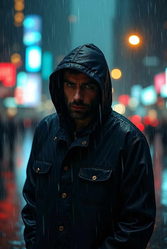 A man with a hood alone in the rain, real photo, pouring rain, loneliness, best quality, ultra-detailed, realistic, portrait, dark tone, misty atmosphere, wet streets, hooded raincoat, melancholy expression, invisible umbrella, lights sparkling, Urban environment, high resolution, vivid colors, Bokeh, night scene, NYC cityscape.