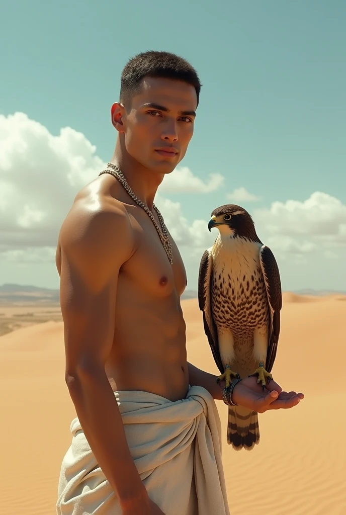 A handsome beautiful slim shirtless white skin man in the desert with a falcon