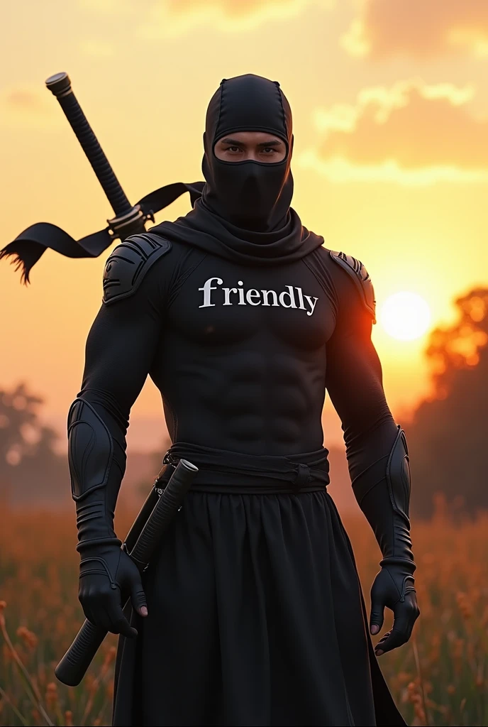 A male  black ninja under the dawn with a sword with the wording FRIENDLY on his chest