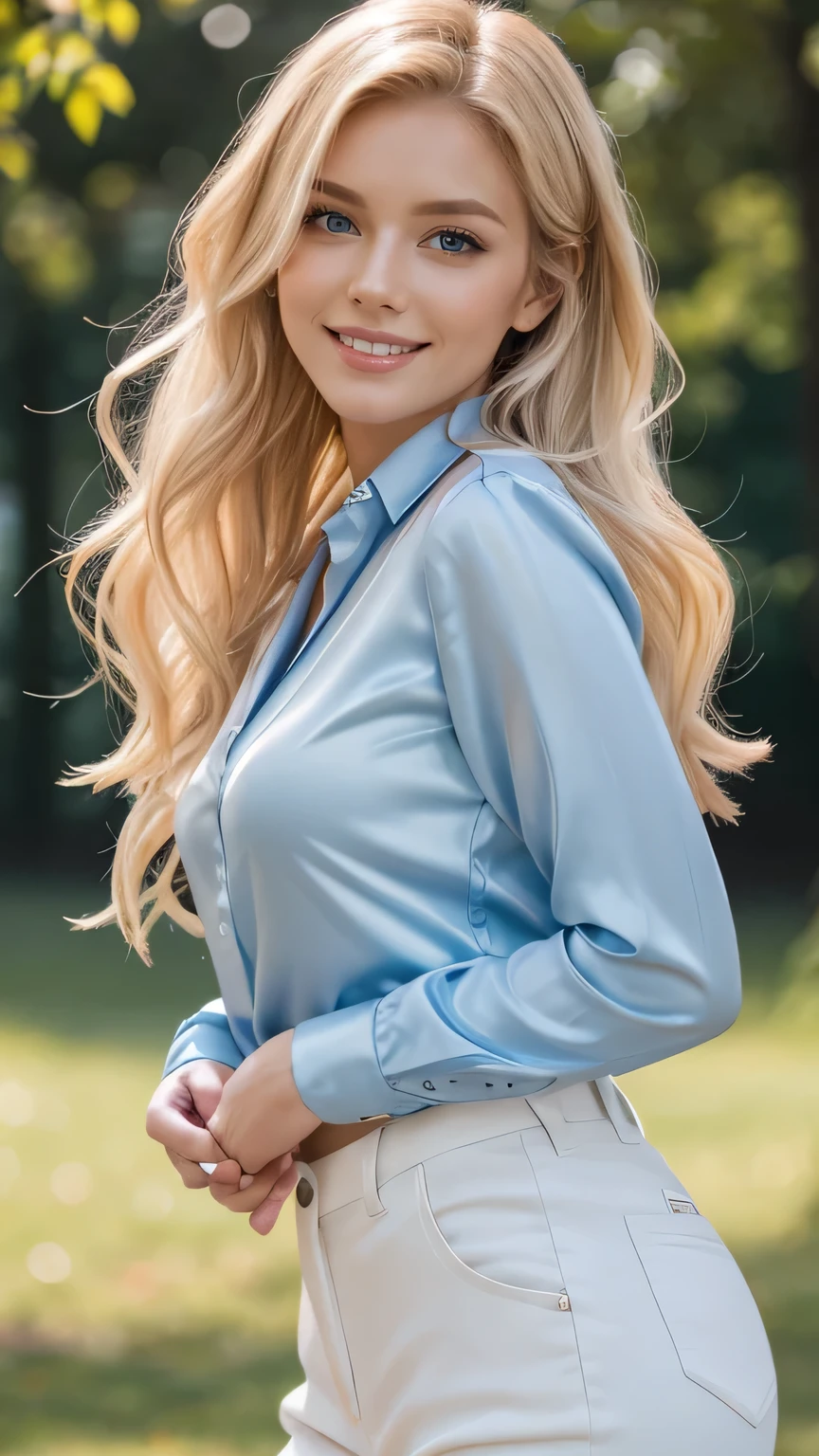 Realistic full body photo of a smiling, beautiful blonde woman with long hair, She dances in front of the camera in a satin shirt and tight, elegant white trousers ...., fine fabrics, Park,glamour fotoshooting, Park, perfect anatomy, perfect blue eyes. Perfect hands with 5 fingers on each hand, Suitable woman, looking at the camera, 1 Frau. (Eye make up:1.1), (highly detailed skin:1.1), spirit, analog style, keen focus, 8K  UHD, dslr, good quality, Fujifilm XT3, Grain, Award-winning, ​masterpiece. Park