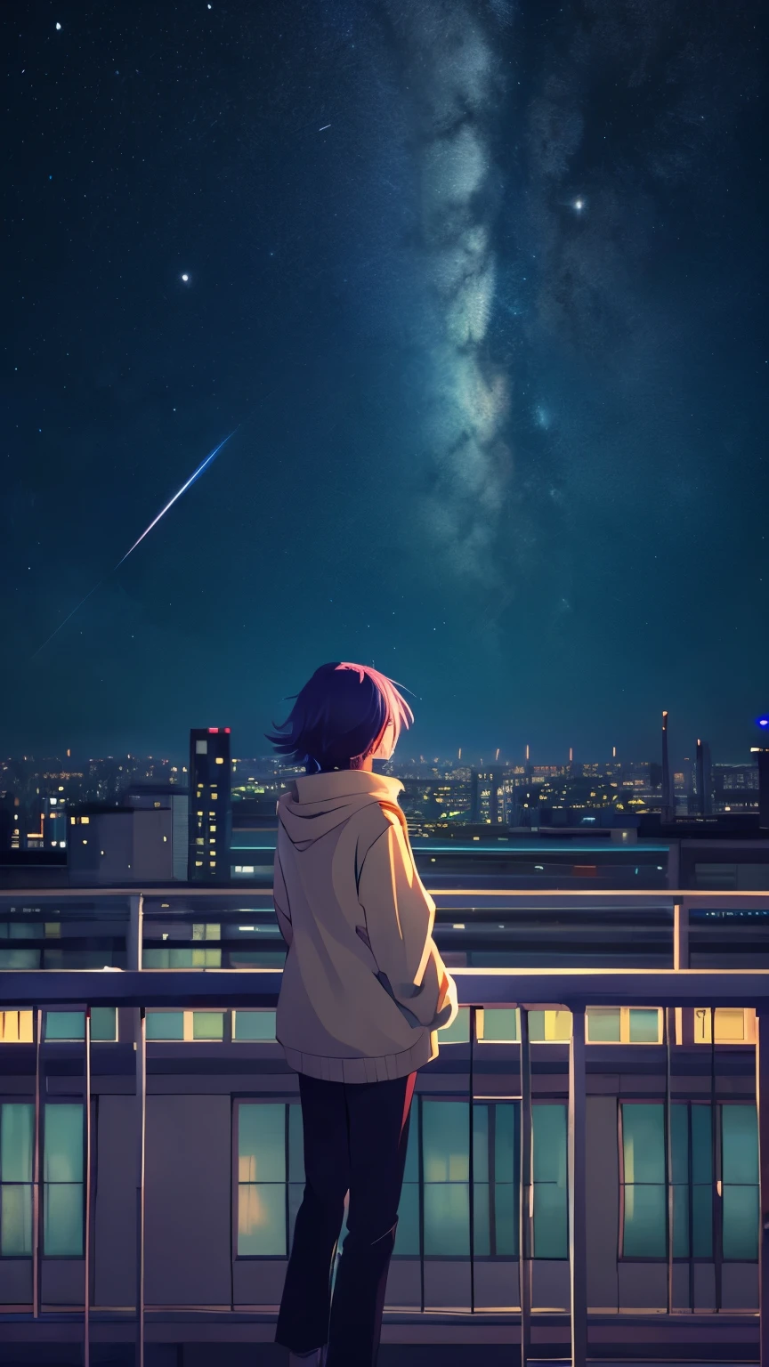 Anime girl standing on rooftop looking at stars and night sky, anime wallpaper 8k, anime wallpaper 4 k, 4k anime wallpaper, anime art wallpaper 8k, anime art wallpaper 4k, anime art wallpaper 4k, anime style 4k, makoto shinkai cyril rolando, 4k manga wallpaper, anime wallpaper, awesome wallpaper, shooting star