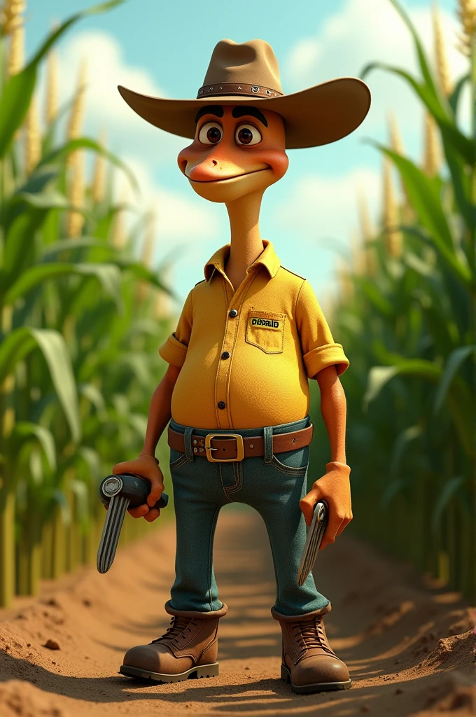 I would like an image of Rango from the movie, with a noticeable belly, dressed in work shoes (burros), standing in the middle of a cornfield. The character should be holding manual counters, like the ones used to count objects or people. The environment should be detailed, with tall, green corn, and the character should be in a pose that reflects that they are counting something important in the field. Additionally, please include the Dekalb brand logo on the character's shirt