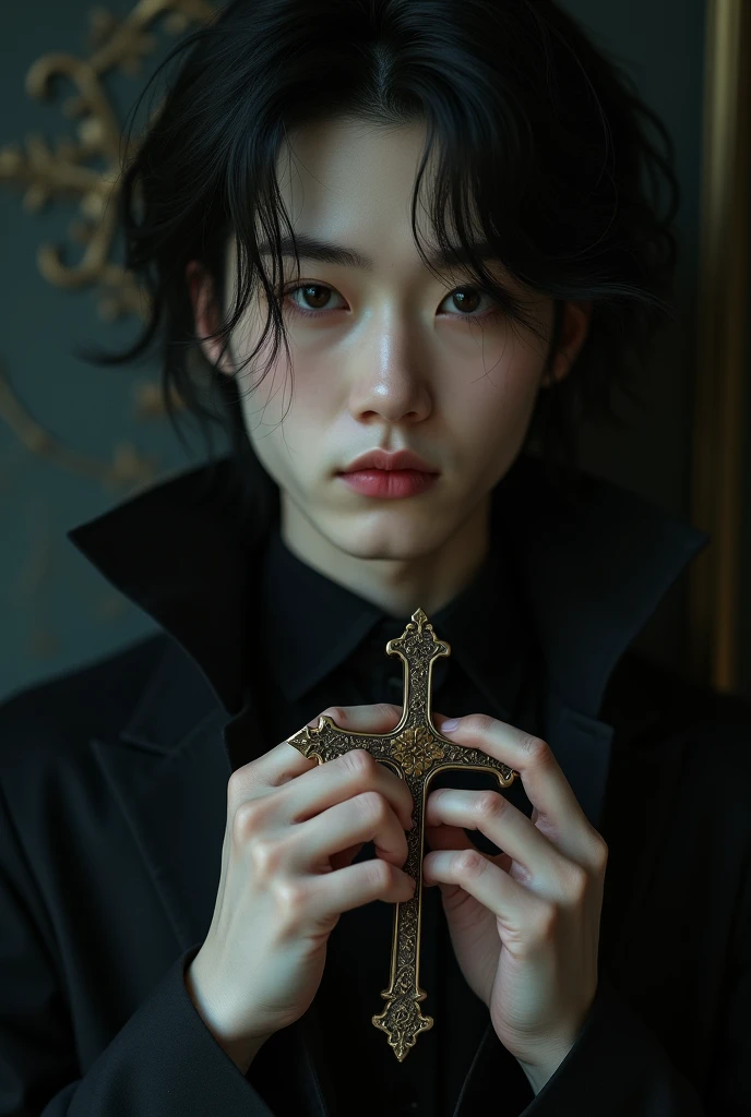 PhotoRealism, A asian perfect handsome innocent vampire holding a rosary