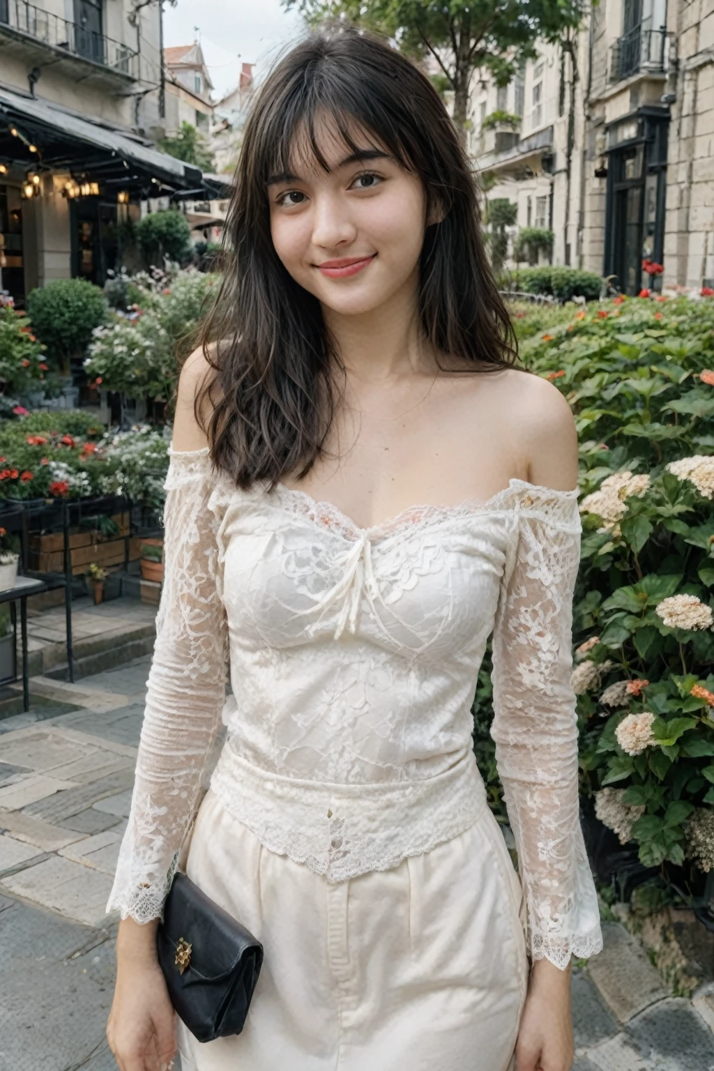 A high-resolution, wide angle shot, 4K portrait of a beautiful 20-year-old woman with a happy smile, detailed skin, and clear eyes. 
She has long, messy black hair with bangs and dark brown eyes with slight dark circles, looking at viewer. 
The image features natural, soft lighting with a low contrast and film grain effect. 
She has perfect shaped medium breast. 
She is dressed in White Off-the-Shoulder Lace Bodysuit
Description: A white lace off-the-shoulder bodysuit with long sleeves and scalloped edges. This bodysuit is sexy and sophisticated, perfect for a romantic evening or a special occasion.
Accessories: Pair with a black midi skirt, black heeled sandals, diamond stud earrings, and a silver clutch.
Sitting in An outdoor cafe with small tables and chairs set on a cobblestone patio, surrounded by potted plants and string lights overhead. The cafe has a cozy, relaxed atmosphere with umbrellas providing shade and a view of a busy street or a garden. 
The composition emphasizes ultra-detail, sharp focus, and vivid colors, with HDR and UHD quality, capturing a whimsical and dreamy aesthetic with a bokeh background. Looking at viewer